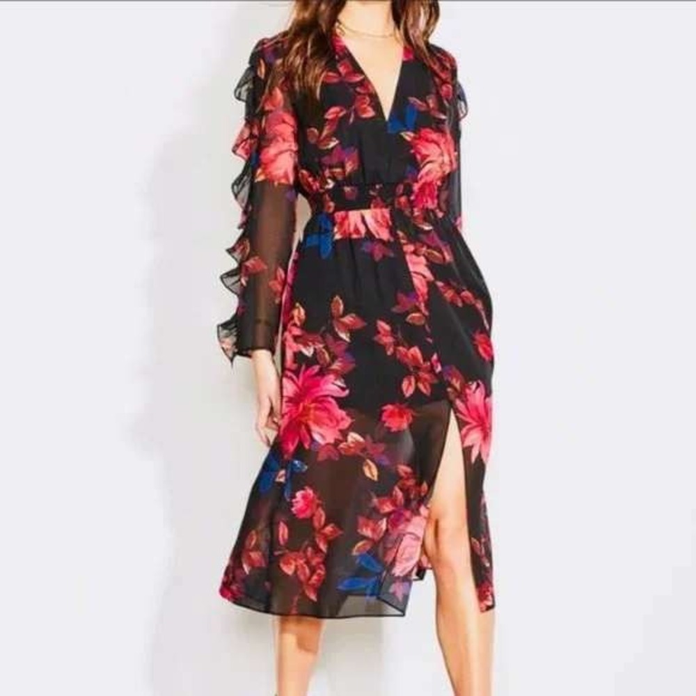 ALI & JAY Black Floral Print Ruffle Sleeve Wrap Midi Dress XS